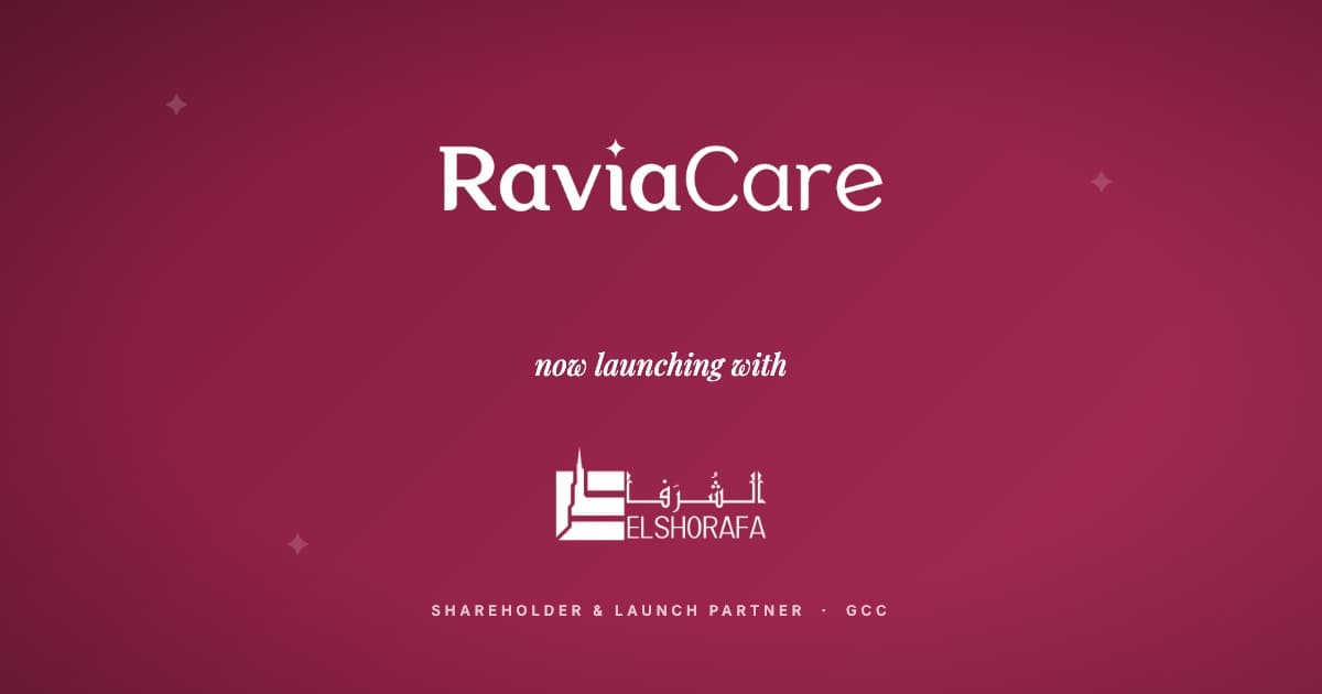 RaviaCare and Elshorafa Co. partnership announcement on RaviaCare deep berry brand background with sparkle motifs, RaviaCare wordmark above the words now launching with and the Elshorafa Co. mark, marking Elshorafa Co. becoming shareholder and launch partner in the GCC beauty and cosmetics e-commerce platform