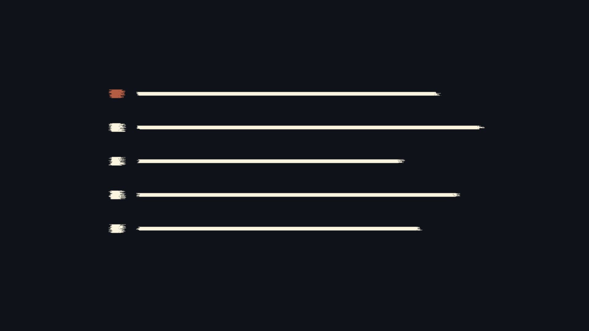 Editorial illustration of a pre-launch checklist as five cream rails of different lengths, each starting with a small square mark, the first mark in terracotta, representing the setup steps completed before a first ad campaign goes live
