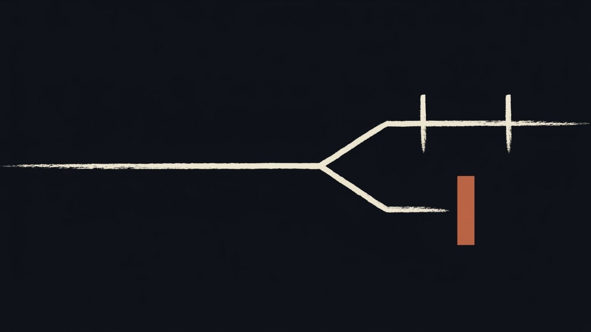 Editorial illustration of the AI crawler decision, showing a single path forking into two branches, the upper one passing freely between two marks like an open gate and the lower one stopped dead by a solid terracotta bar, representing answer crawlers that should be allowed because they generate citations and training crawlers that can be blocked as a commercial choice